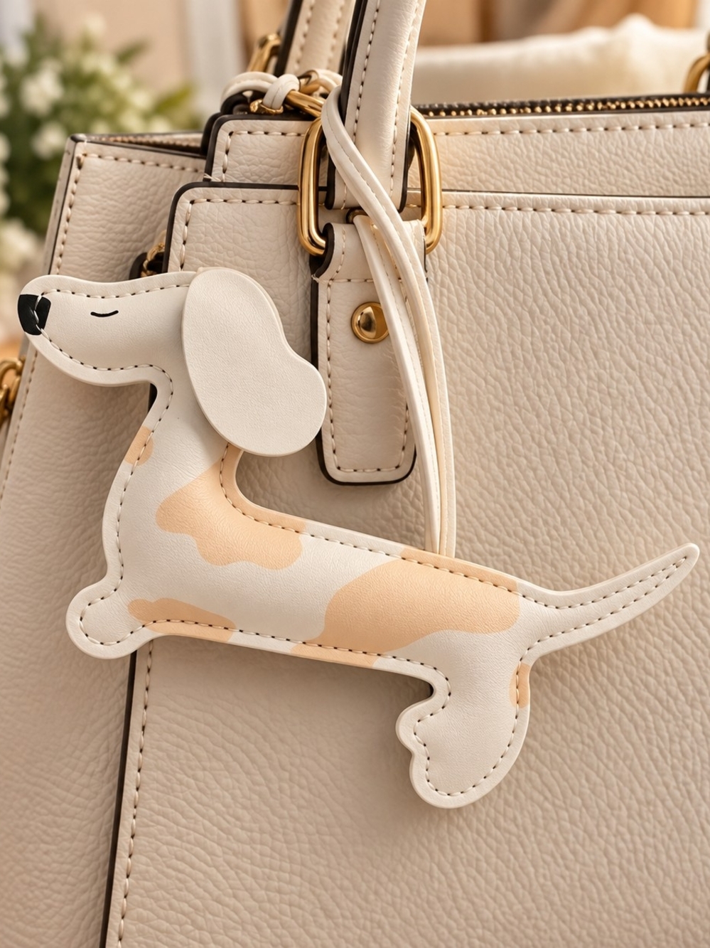 Dog-Shaped Dachshund Faux Leather Purse Bag Charm - White & Tan New
